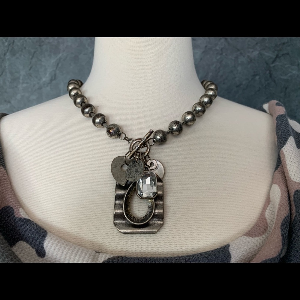 Chunky Beaded Silvertone Toggle Necklace with charms